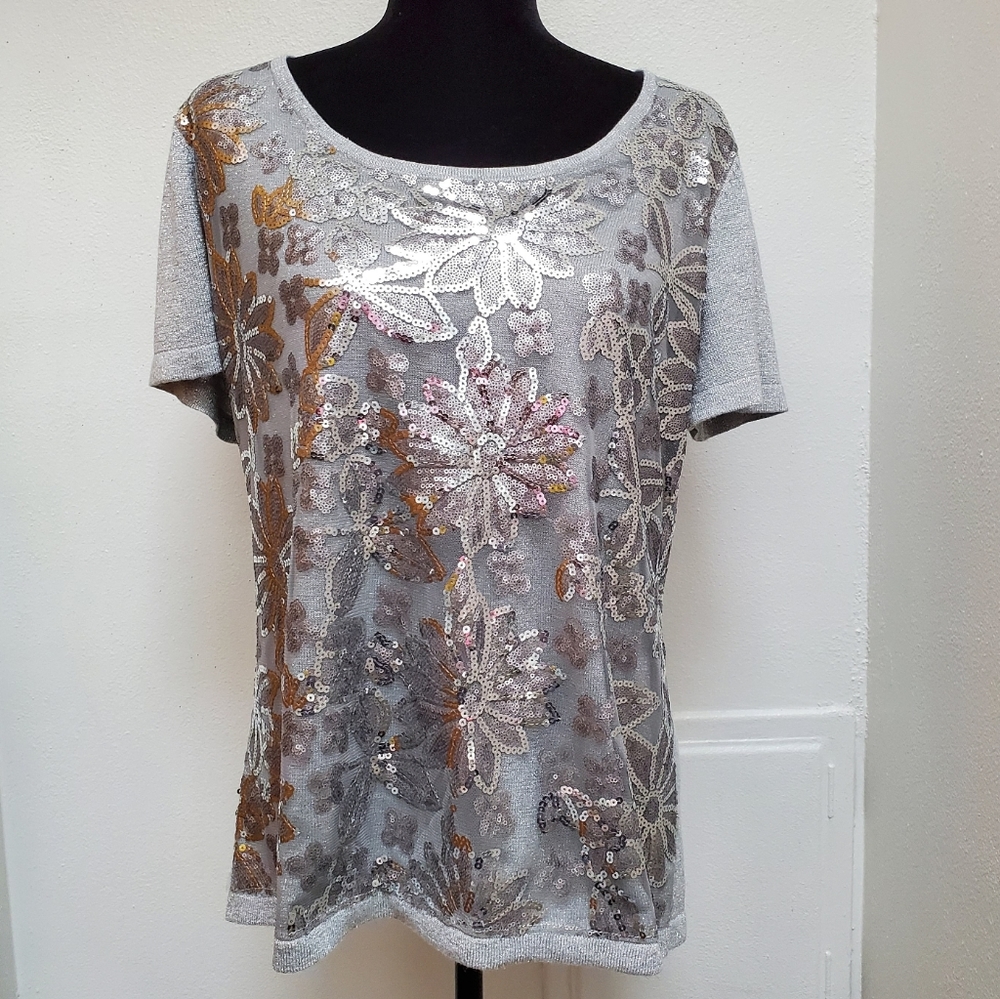 Silver Knit Sequin Top By JOSEPH A. Size Xlg